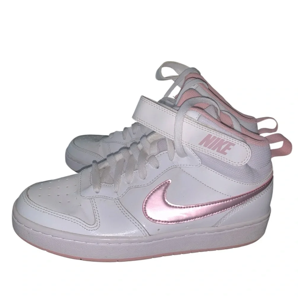Nike White with Metallic Pink Mid-Top Sneakers - Picture 3 of 8
